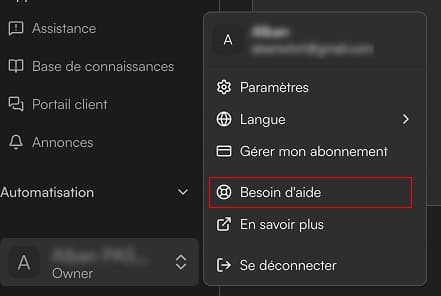 Bouton « Besoin d'aide » dans le menu profil