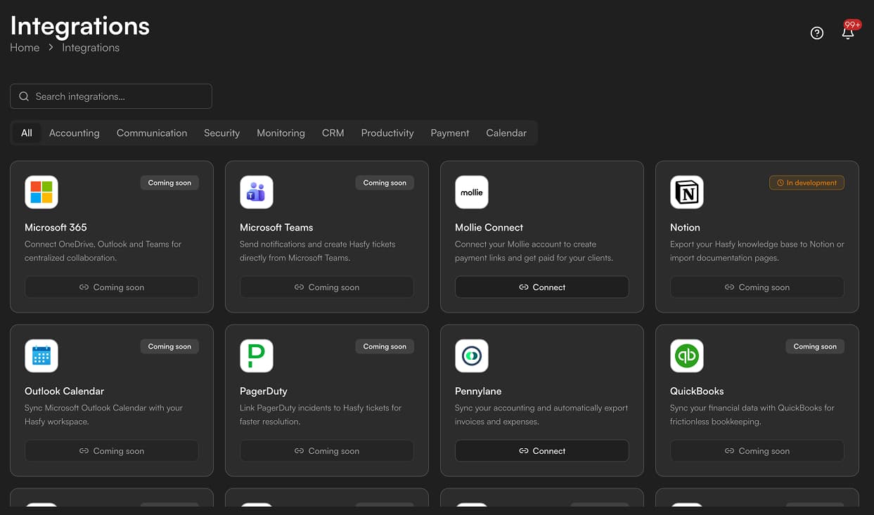 Page Intégrations : vue marketplace avec grille des catégories et statuts