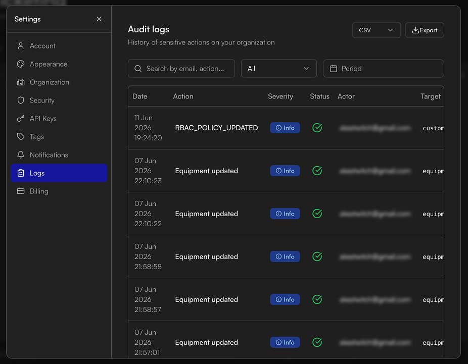 Journal d'audit avec options d'export et filtres