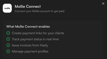 Panneau Mollie Connect avant connexion : ce que Mollie Connect permet