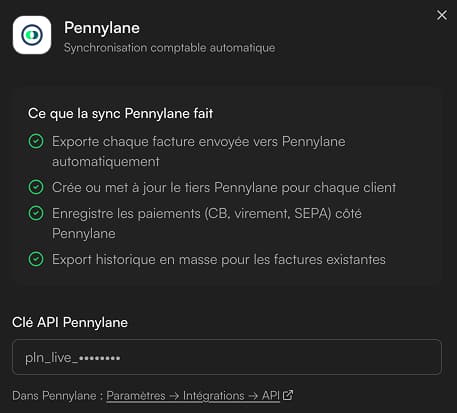 Panneau Pennylane avant connexion : champ clé API et bullets « Ce que la sync Pennylane fait »